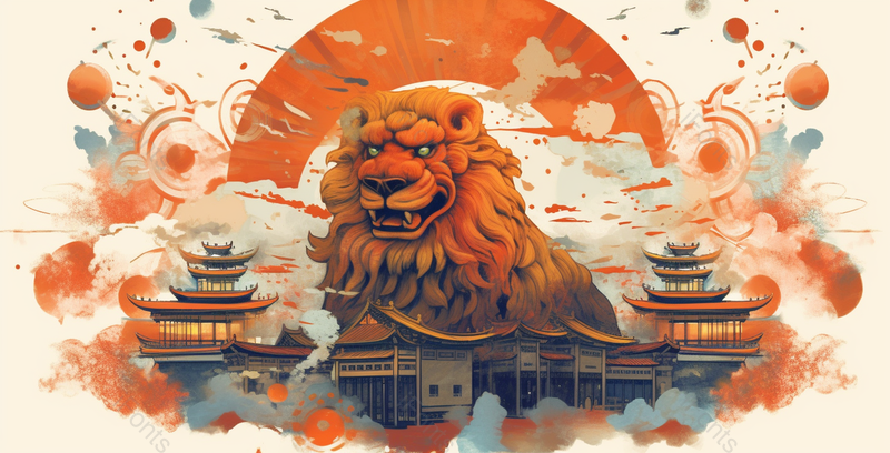 国潮风狮子建筑水墨画背景,插画/手绘图,插画/手绘图库,插画/手绘图下载,插画/手绘
